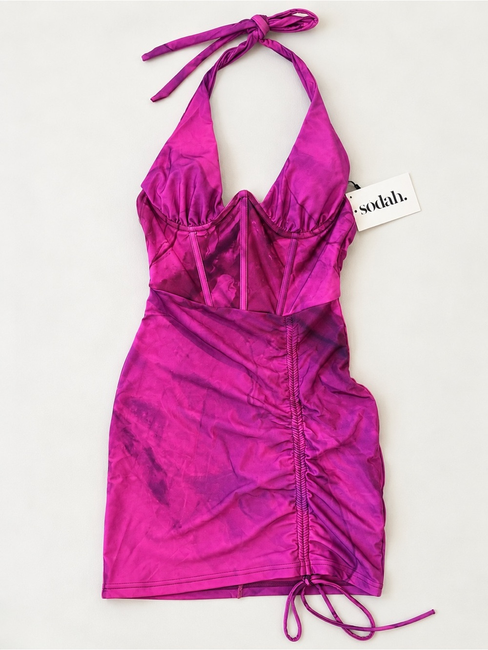 SODAH London "Blessed" Pink Magenta Corset Halter Ruched Mini Dress Size 8 NWT